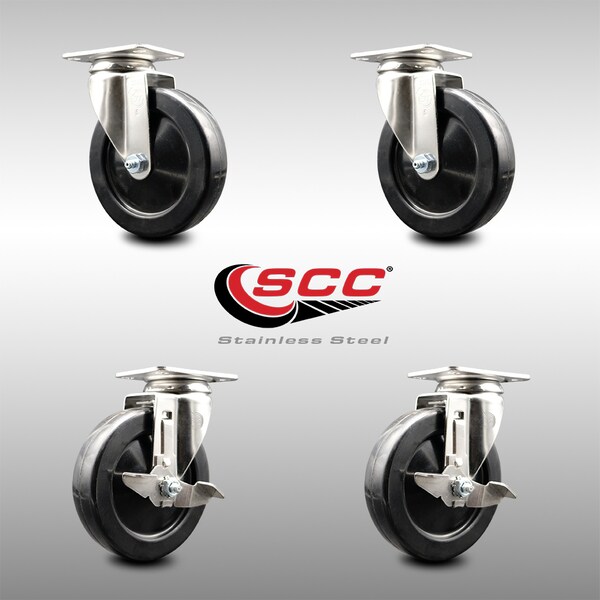 5 Inch 316SS Soft Rubber Wheel Swivel Top Plate Caster Brakes SCC, 2PK